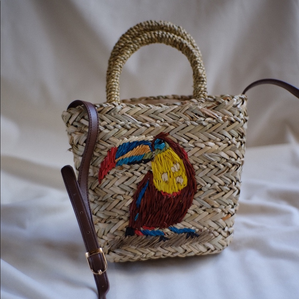 Anthropologie Straw Crossbody Bag with Colorful Toucan Embroidery NWOT - Picture 4 of 9
